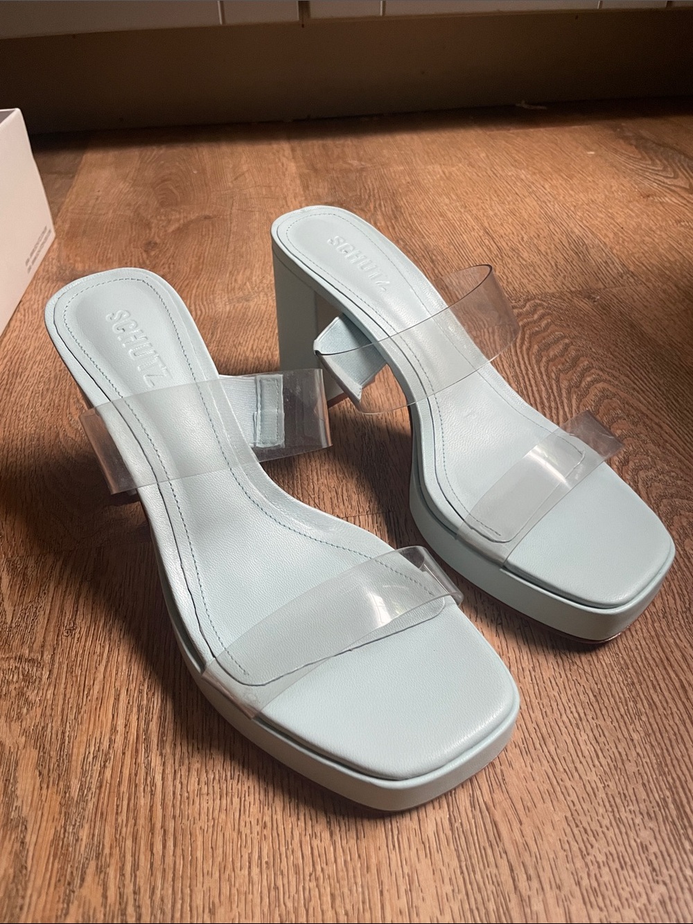 SCHUTZ Light Blue Clear-Strap Platform Mule